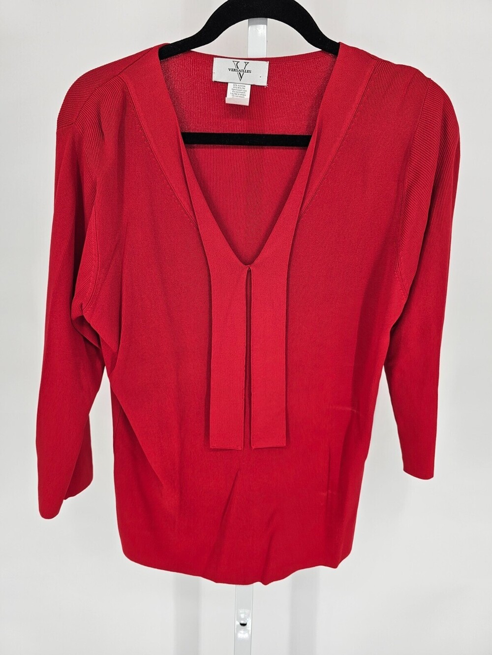Versailles Womens Sz XL 3/4 Sleeve Knit Blouse Solid Cherry Red Ribbed Tie Front